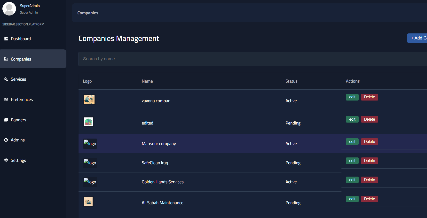 BARRQQ Super Admin company management table