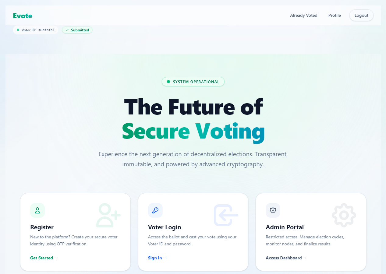 E-Vote homepage showing voter, login, and administration entry points